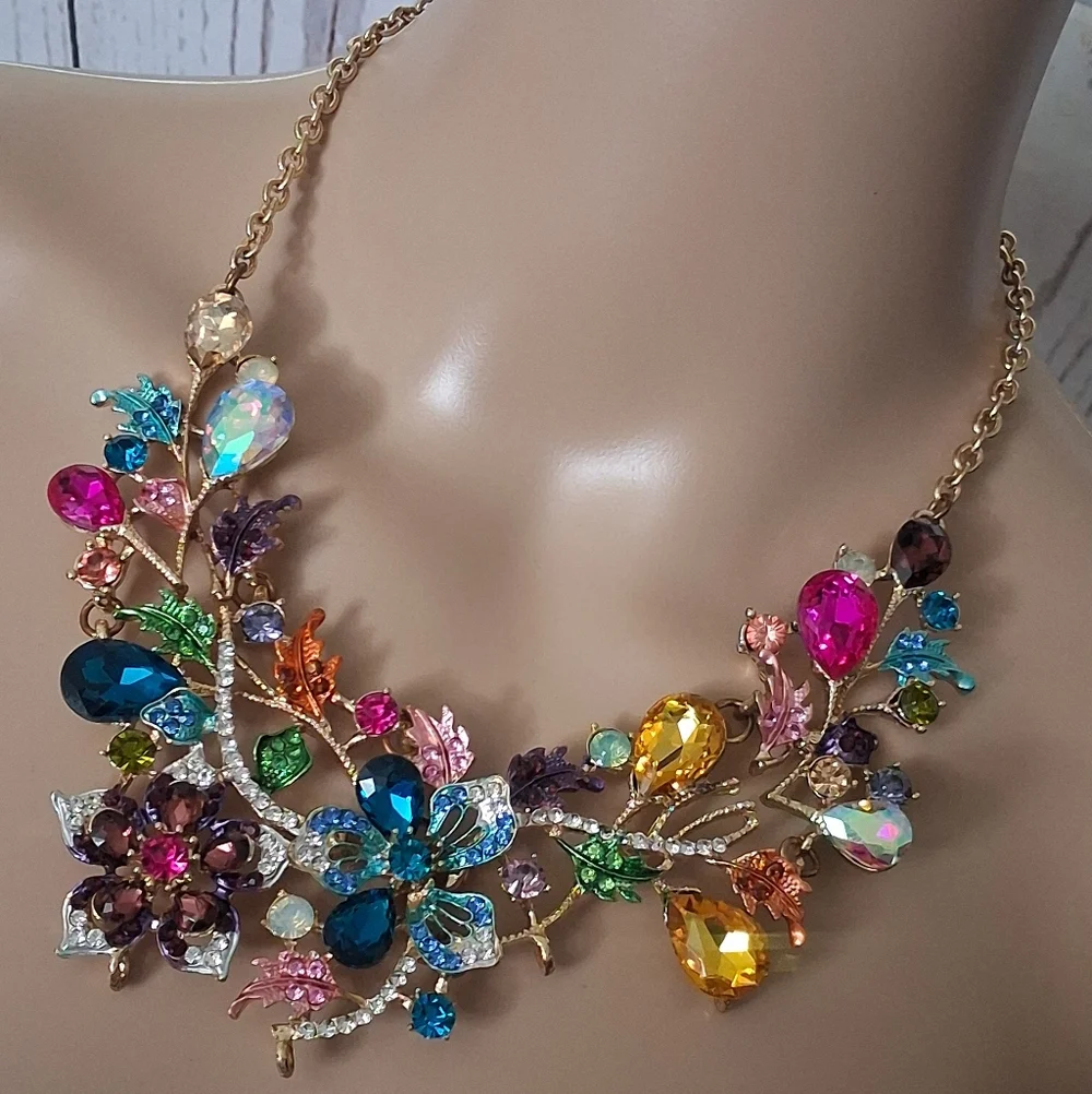 Goldtone Colorful Floral And Vine Statement Necklace